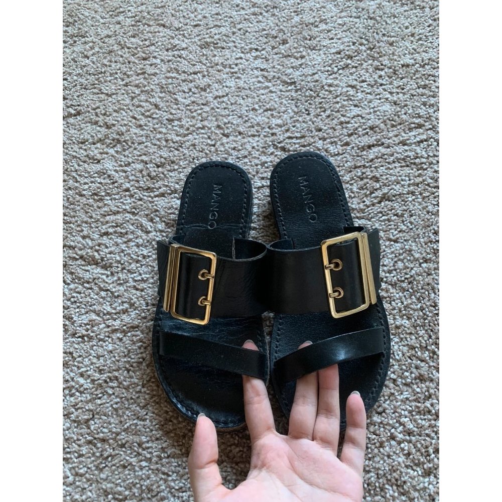 Mango black leather slides with golden clasp